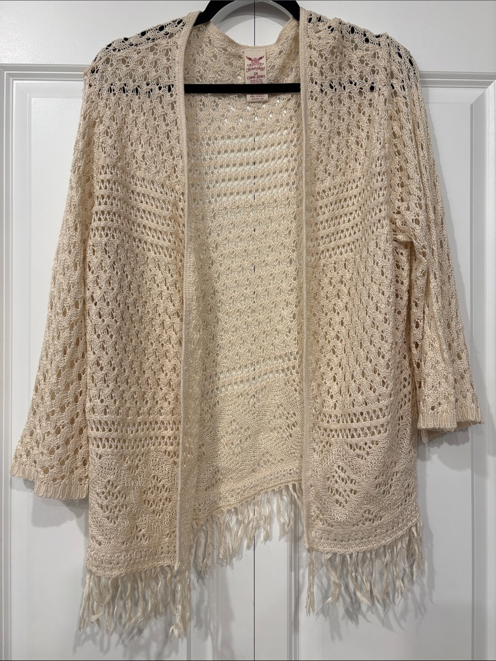 Faded Glory Cream Open-Front Crochet Fringe Cardigan Size 2X (18/20)